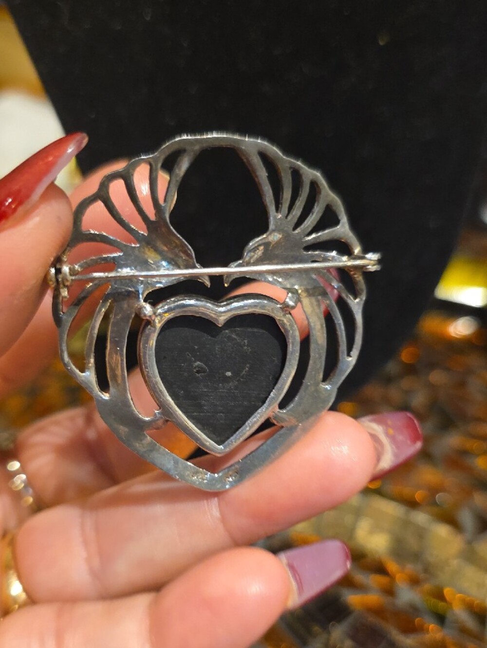 Silver-Tone Heart Brooch with Black Heart Stone - Picture 4 of 6